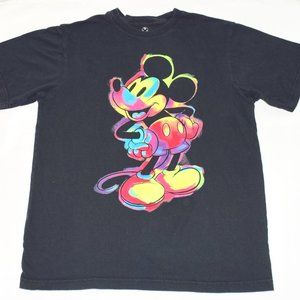 Disney Store Mickey Mouse T- Shirt Neon Bright Rainbow of Colors - Small